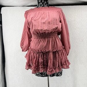 MISA Los Angeles Ruffle‎ Mini Dress Smocked Long Sleeve Tiered Pink XS